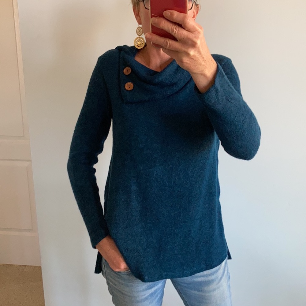Blue Cowl, Button Neck Sweater - Picture 4 of 7